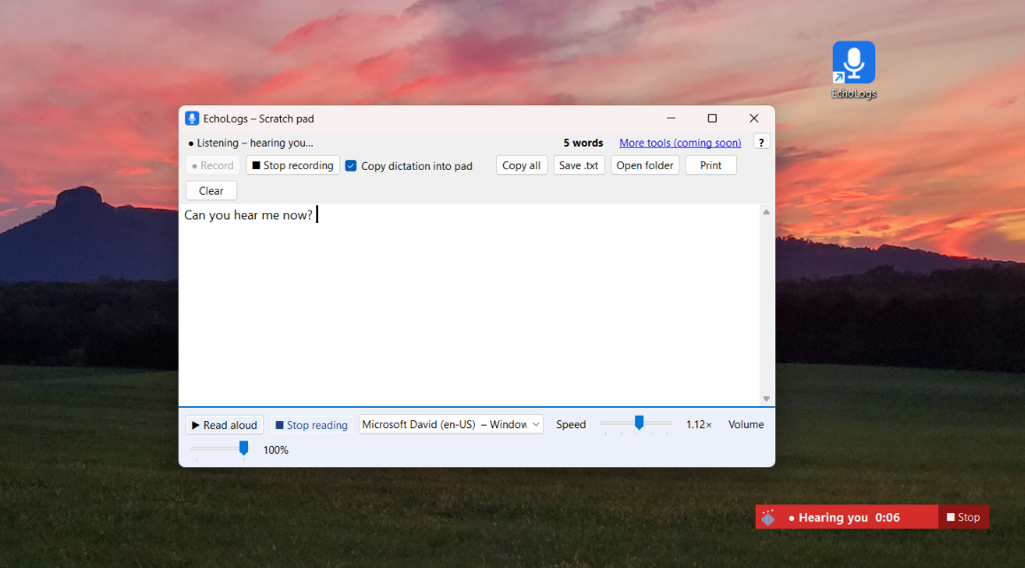 EchoLogs 2.0.5 on a Windows desktop: the Scratch pad window showing 