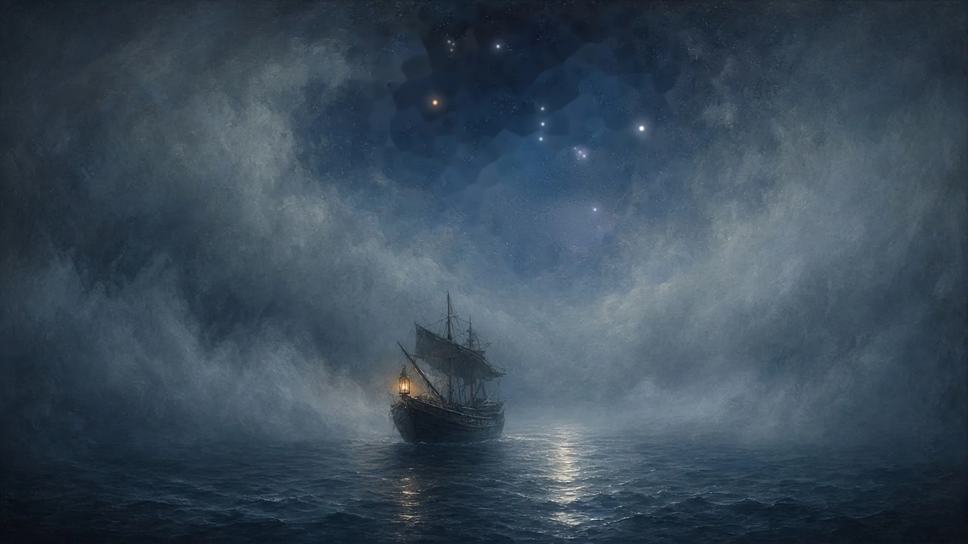 Painting of a tall ship in fog beneath a clear patch of sky showing Orion